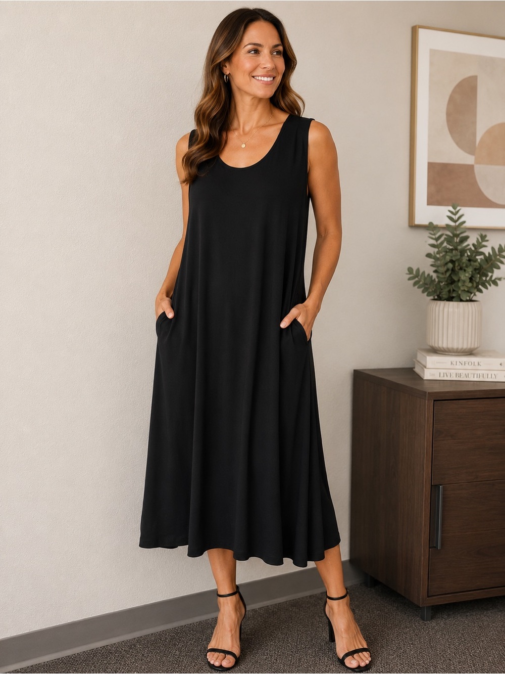 Catherines Black Sleeveless Pocket A-Line Midi Maxi Dress Plus Size